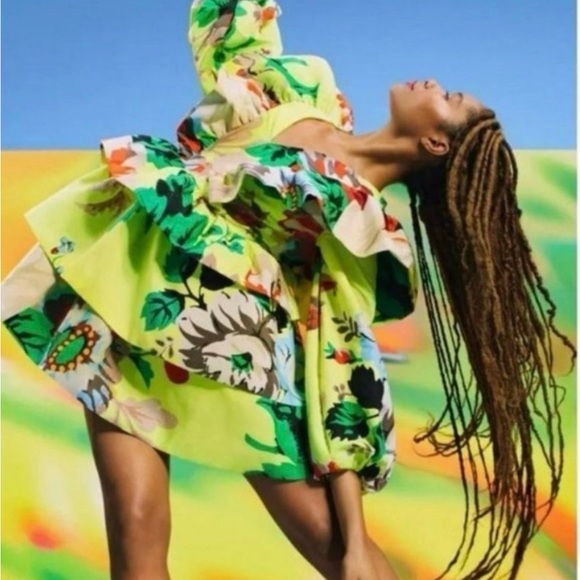 CHRISTOPHER JOHN ROGERS Dress Ruffle Tiered Yellow Mini Target Floral V Neck 4 - Picture 13 of 14